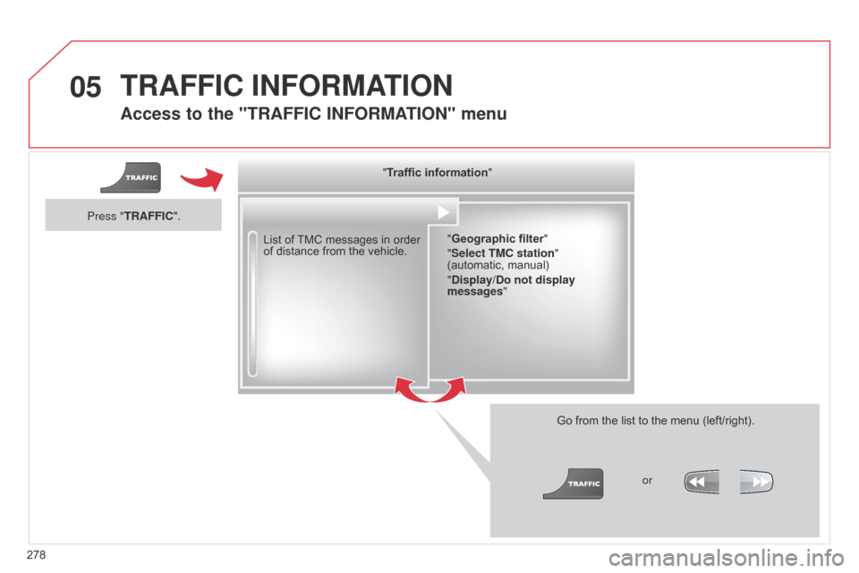 Citroen C5 RHD 2014.5 (RD/TD) / 2.G Manual PDF 05
278
Access to the "TRAFFIC INFORMATION" menu
Go from the list to the menu (left/right).
"Traffic information"
"Geographic filter "
"Select TMC station"
(automatic, manual)
"Display/Do not display Citroen C5 RHD 2014.5 (RD/TD) / 2.G Manual PDF 05
278
Access to the "TRAFFIC INFORMATION" menu
Go from the list to the menu (left/right).
"Traffic information"
"Geographic filter "
"Select TMC station"
(automatic, manual)
"Display/Do not display