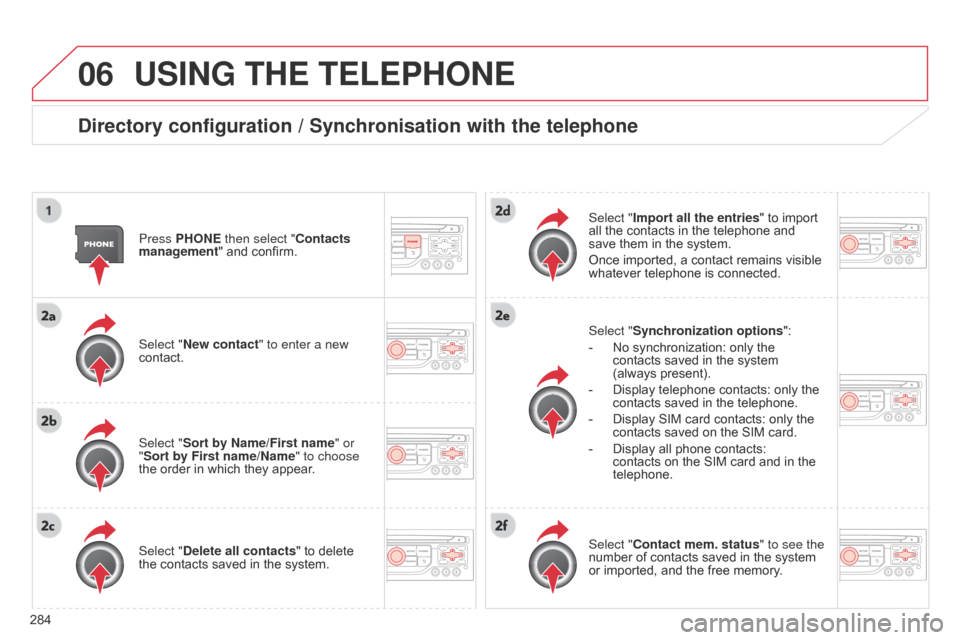 Citroen C5 RHD 2014.5 (RD/TD) / 2.G Manual PDF 06
284
USING THE TELEPHONE
Directory configuration / Synchronisation with the telephone
Press PHONE then select "Contacts
management" and confirm.
Select "New contact" to enter a new
contact.
Select Citroen C5 RHD 2014.5 (RD/TD) / 2.G Manual PDF 06
284
USING THE TELEPHONE
Directory configuration / Synchronisation with the telephone
Press PHONE then select "Contacts
management" and confirm.
Select "New contact" to enter a new
contact.
Select