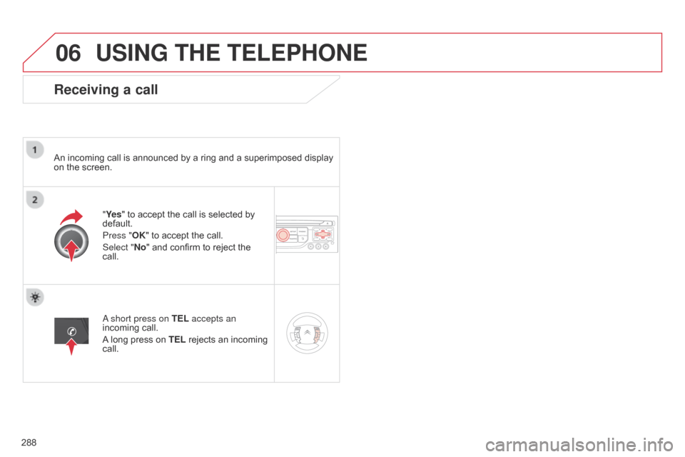 Citroen C5 RHD 2014.5 (RD/TD) / 2.G Manual PDF 06
288
USING THE TELEPHONE
Receiving a call
An incoming call is announced by a ring and a superimposed display
on the screen."Ye s" to accept the call is selected by
default.
Press "OK" to accept th Citroen C5 RHD 2014.5 (RD/TD) / 2.G Manual PDF 06
288
USING THE TELEPHONE
Receiving a call
An incoming call is announced by a ring and a superimposed display
on the screen."Ye s" to accept the call is selected by
default.
Press "OK" to accept th