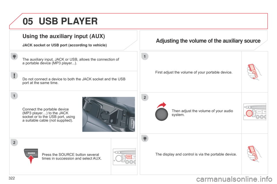 Citroen C5 RHD 2014.5 (RD/TD) / 2.G Owners Manual 05
322The display and control is via the portable device.
First adjust the volume of your portable device.
Then adjust the volume of your audio
system.
Using the auxiliary input (AUX)Adjusting the vo Citroen C5 RHD 2014.5 (RD/TD) / 2.G Owners Manual 05
322The display and control is via the portable device.
First adjust the volume of your portable device.
Then adjust the volume of your audio
system.
Using the auxiliary input (AUX)Adjusting the vo