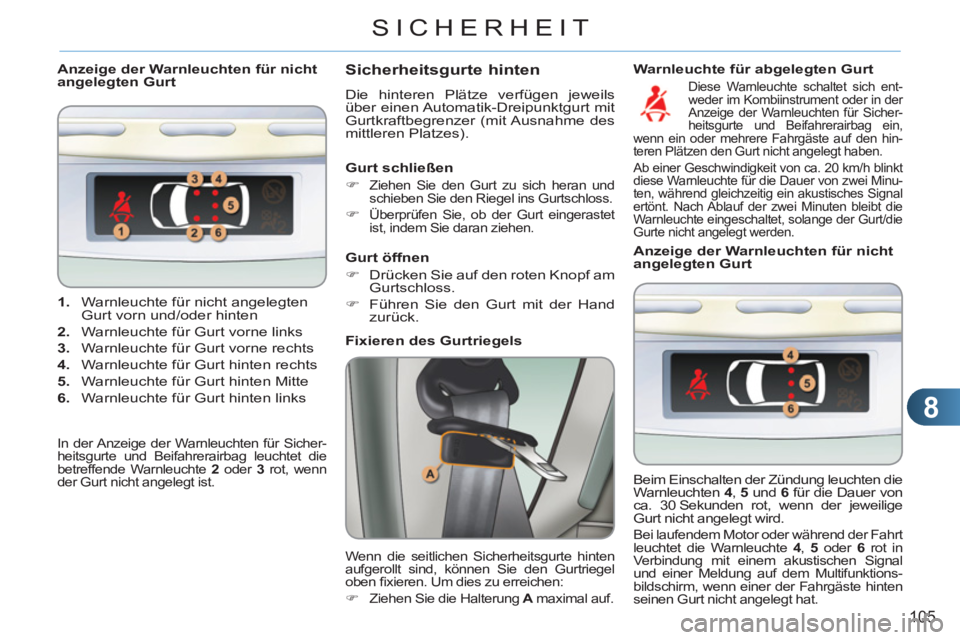 CITROEN C3 PICASSO 2012  Betriebsanleitungen (in German) 8
105
SICHERHEIT
   
 
1. 
  Warnleuchte für nicht angelegten 
Gurt vorn und/oder hinten 
   
2. 
  Warnleuchte für Gurt vorne links 
   
3. 
  Warnleuchte für Gurt vorne rechts 
   
4. 
  Warnleuc