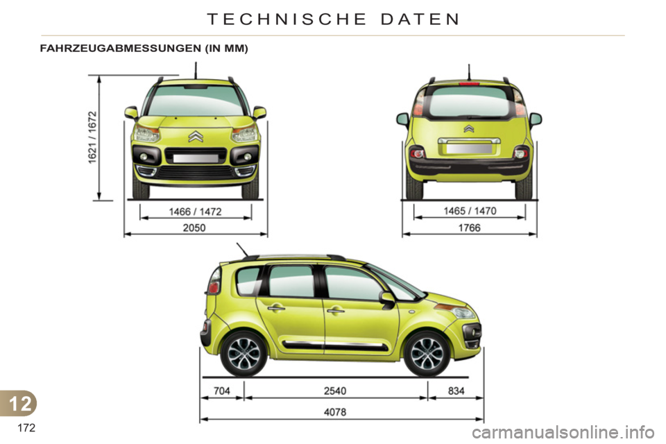 CITROEN C3 PICASSO 2012 Betriebsanleitungen (in German) 12
172
TECHNISCHE DATEN
FAHRZEUGABMESSUNGEN (IN MM) CITROEN C3 PICASSO 2012 Betriebsanleitungen (in German) 12
172
TECHNISCHE DATEN
FAHRZEUGABMESSUNGEN (IN MM)