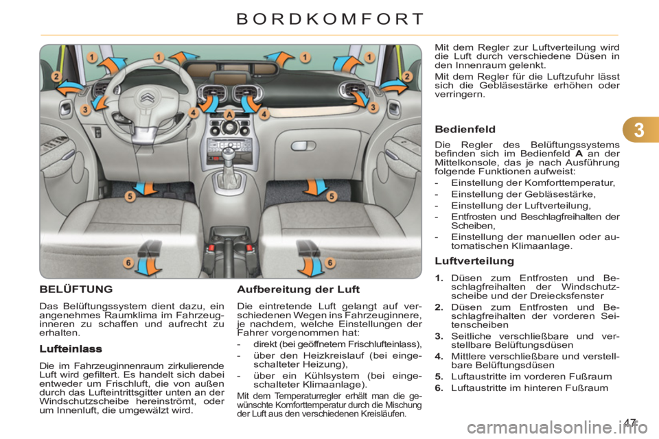 CITROEN C3 PICASSO 2012  Betriebsanleitungen (in German) 3
47
BORDKOMFORT
BELÜFTUNG
  Das Belüftungssystem dient dazu, ein 
angenehmes Raumklima im Fahrzeug-
inneren zu schaffen und aufrecht zu 
erhalten. 
Aufbereitung der Luft 
  Die eintretende Luft gel