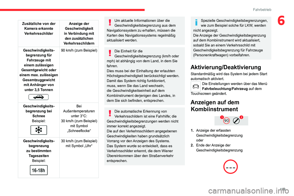 CITROEN C4 2021 Betriebsanleitungen (in German) 109
Fahrbetrieb
6Zusätzliche von der Kamera erkannte Verkehrsschilder Anzeige der
Geschwindigkeit
in Verbindung mit den zusätzlichen
Verkehrsschildern
Geschwindigkeits- begrenzung für Fahrzeuge CITROEN C4 2021 Betriebsanleitungen (in German) 109
Fahrbetrieb
6Zusätzliche von der Kamera erkannte Verkehrsschilder Anzeige der
Geschwindigkeit
in Verbindung mit den zusätzlichen
Verkehrsschildern
Geschwindigkeits- begrenzung für Fahrzeuge