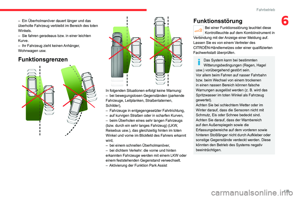 CITROEN C4 2021 Betriebsanleitungen (in German) 129
Fahrbetrieb
6– Ein Überholmanöver dauert länger und das
überholte Fahrzeug verbleibt im Bereich des toten
Winkels.
–
Sie fahren geradeaus bzw
. in einer leichten
Kurve.
–
Ihr Fah CITROEN C4 2021 Betriebsanleitungen (in German) 129
Fahrbetrieb
6– Ein Überholmanöver dauert länger und das
überholte Fahrzeug verbleibt im Bereich des toten
Winkels.
–
Sie fahren geradeaus bzw
. in einer leichten
Kurve.
–
Ihr Fah