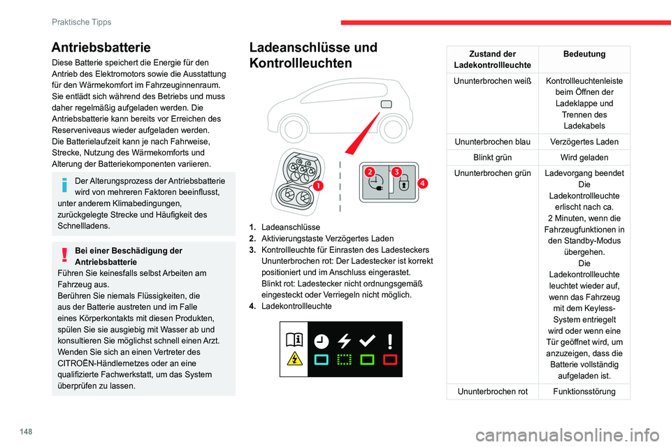 CITROEN C4 2021 Betriebsanleitungen (in German) 148
Praktische Tipps
Antriebsbatterie
Diese Batterie speichert die Energie für den
Antrieb des Elektromotors sowie die Ausstattung
für den Wärmekomfort im Fahrzeuginnenraum.
Sie entlädt sich wà CITROEN C4 2021 Betriebsanleitungen (in German) 148
Praktische Tipps
Antriebsbatterie
Diese Batterie speichert die Energie für den
Antrieb des Elektromotors sowie die Ausstattung
für den Wärmekomfort im Fahrzeuginnenraum.
Sie entlädt sich wÃ