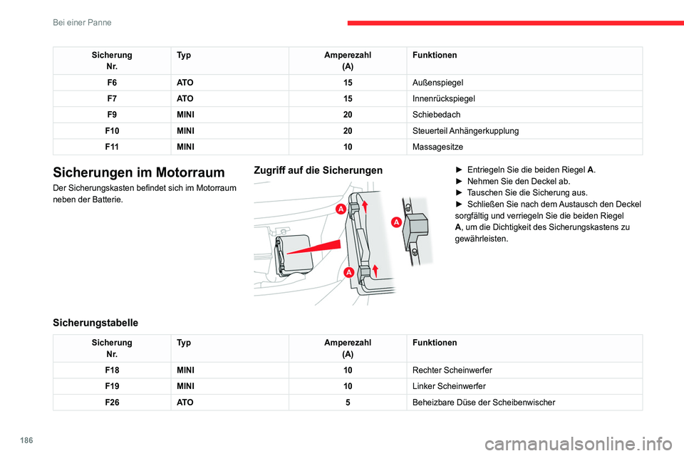 CITROEN C4 2021 Betriebsanleitungen (in German) 186
Bei einer Panne
12V-Batterie /
Zusatzbatterie
Anleitung zum Starten des Motors mit einer anderen Batterie oder zum Aufladen einer
entladenen Batterie.
Bleihaltige Starterbatterien
Diese Batterie CITROEN C4 2021 Betriebsanleitungen (in German) 186
Bei einer Panne
12V-Batterie /
Zusatzbatterie
Anleitung zum Starten des Motors mit einer anderen Batterie oder zum Aufladen einer
entladenen Batterie.
Bleihaltige Starterbatterien
Diese Batterie