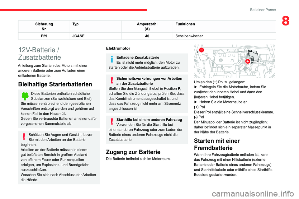 CITROEN C4 2021 Betriebsanleitungen (in German) 187
Bei einer Panne
8SicherungN r. Ty p
Amperezahl
(A) Funktionen
F29 JCASE 40Scheibenwischer
12V-Batterie /
Zusatzbatterie
Anleitung zum Starten des Motors mit einer
anderen Batterie oder zum Aufla CITROEN C4 2021 Betriebsanleitungen (in German) 187
Bei einer Panne
8SicherungN r. Ty p
Amperezahl
(A) Funktionen
F29 JCASE 40Scheibenwischer
12V-Batterie /
Zusatzbatterie
Anleitung zum Starten des Motors mit einer
anderen Batterie oder zum Aufla