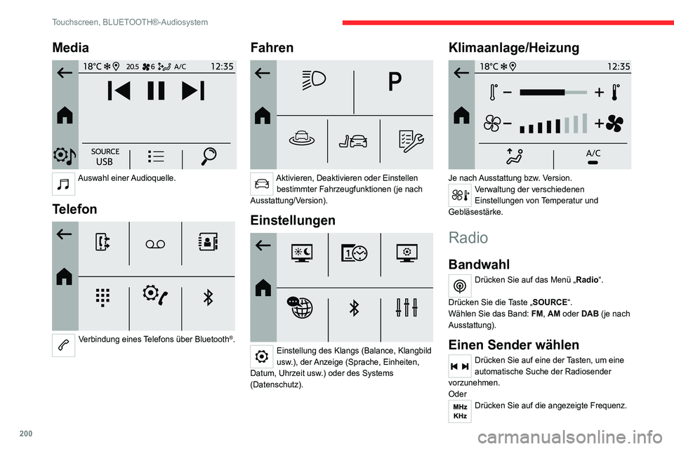 CITROEN C4 2021 Betriebsanleitungen (in German) 200
Touchscreen, BLUETOOTH®-Audiosystem
Media
Auswahl einer Audioquelle.
Telefon
Verbindung eines Telefons über Bluetooth®.
Fahren
Aktivieren, Deaktivieren oder Einstellen
bestimmter Fa CITROEN C4 2021 Betriebsanleitungen (in German) 200
Touchscreen, BLUETOOTH®-Audiosystem
Media
Auswahl einer Audioquelle.
Telefon
Verbindung eines Telefons über Bluetooth®.
Fahren
Aktivieren, Deaktivieren oder Einstellen
bestimmter Fa