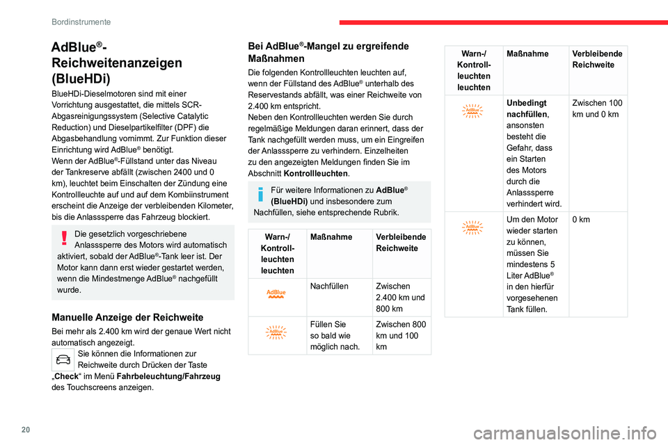 CITROEN C4 2021  Betriebsanleitungen (in German) 20
Bordinstrumente
Funktionsstörung des 
Abgasreinigungssystems SCR
Erkennen einer Funktionsstörung
 
 
Wenn eine Funktionsstörung 
erkannt wird, leuchten diese 
Kontrollleuchten in Verbindung 
mit