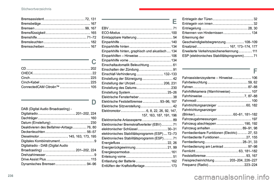 CITROEN C4 2021 Betriebsanleitungen (in German) 236
Stichwortverzeichnis
Bremsassistent 72, 131
Bremsbeläge
167
Bremsen
99, 167
Bremsflüssigkeit
165
Bremshilfe
71–72
Bremsleuchten
182
Bremsscheiben
167
C
CD 2 CITROEN C4 2021 Betriebsanleitungen (in German) 236
Stichwortverzeichnis
Bremsassistent 72, 131
Bremsbeläge
167
Bremsen
99, 167
Bremsflüssigkeit
165
Bremshilfe
71–72
Bremsleuchten
182
Bremsscheiben
167
C
CD 2