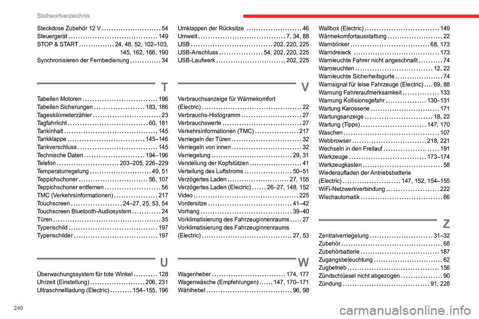 CITROEN C4 2021 Betriebsanleitungen (in German) 240
Stichwortverzeichnis
Steckdose Zubehör 12 V 54
Steuergerät
149
STOP & START
24, 48, 52, 102–103,
145, 162, 166, 190
Synchronisieren der Fernbedienung
34
T
Tabellen Motore CITROEN C4 2021 Betriebsanleitungen (in German) 240
Stichwortverzeichnis
Steckdose Zubehör 12 V 54
Steuergerät
149
STOP & START
24, 48, 52, 102–103,
145, 162, 166, 190
Synchronisieren der Fernbedienung
34
T
Tabellen Motore