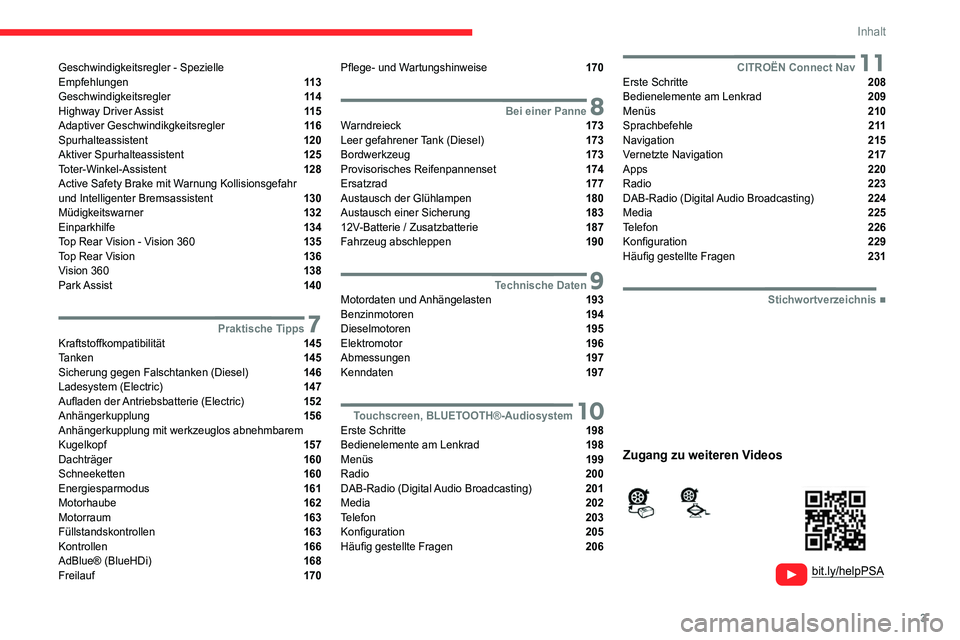 CITROEN C4 2021  Betriebsanleitungen (in German) 3
Inhalt
  
  
 
 
 
 
Geschwindigkeitsregler - Spezielle  
Empfehlungen  11 3
Geschwindigkeitsregler  11 4
Highway  Driver Assist  11 5
Adaptiver Geschwindikgkeitsregler  11 6
Spurhalteassistent  120