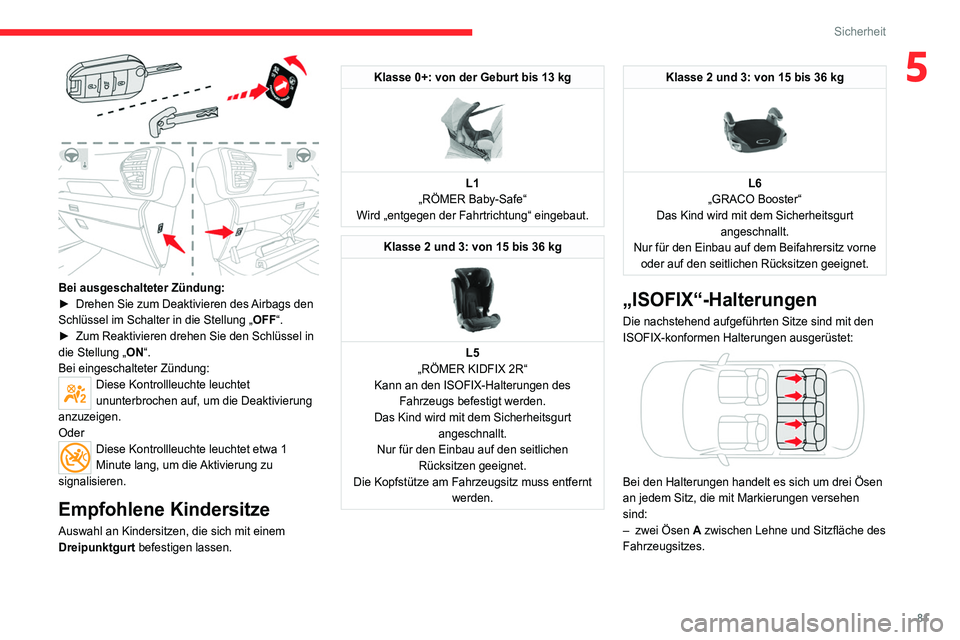 CITROEN C4 2021 Betriebsanleitungen (in German) 81
Sicherheit
5
Bei ausgeschalteter Zündung:
► Drehen Sie zum Deaktivieren des Airbags den
Schlüssel im Schalter in die Stellung „OFF“.
►
Zum Reaktivieren drehen Sie den Schlüssel in CITROEN C4 2021 Betriebsanleitungen (in German) 81
Sicherheit
5
Bei ausgeschalteter Zündung:
► Drehen Sie zum Deaktivieren des Airbags den
Schlüssel im Schalter in die Stellung „OFF“.
►
Zum Reaktivieren drehen Sie den Schlüssel in