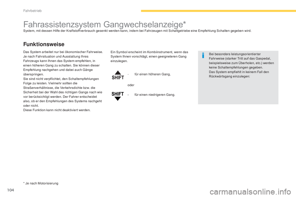 CITROEN C4 AIRCROSS 2016  Betriebsanleitungen (in German) 104
C4-Aircross_de_Chap04_conduite_ed01-2014
Fahrassistenzsystem Gangwechselanzeige*System, mit dessen Hilfe der Kraftstoffverbrauch gesenkt werden kann, indem bei Fahrzeugen mit Schaltgetriebe eine E