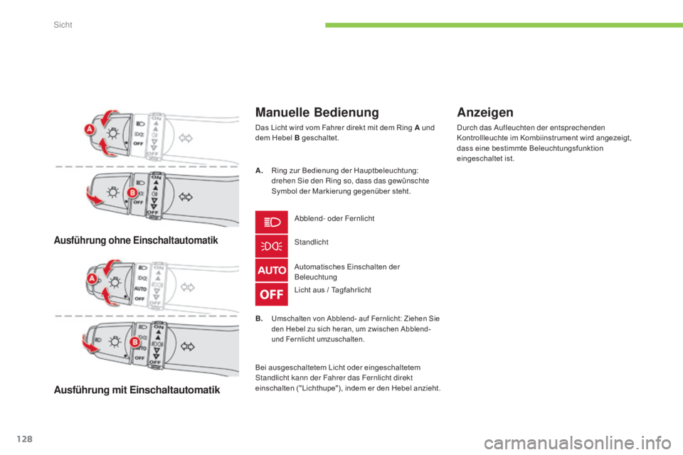 CITROEN C4 AIRCROSS 2016 Betriebsanleitungen (in German) 128
C4-Aircross_de_Chap05_visibilite_ed01-2014
Ausführung ohne Einschaltautomatik
Ausführung mit Einschaltautomatik
Manuelle Bedienung
Das Licht wird vom Fahrer direkt mit dem Ring A und
dem Hebel CITROEN C4 AIRCROSS 2016 Betriebsanleitungen (in German) 128
C4-Aircross_de_Chap05_visibilite_ed01-2014
Ausführung ohne Einschaltautomatik
Ausführung mit Einschaltautomatik
Manuelle Bedienung
Das Licht wird vom Fahrer direkt mit dem Ring A und
dem Hebel