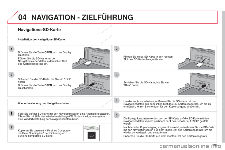 CITROEN C4 AIRCROSS 2016  Betriebsanleitungen (in German) 04
265
C4-Aircross_de_Chap10b_Mitsu6_ed01-2014
NAVIGATION - ZIELFÜHRUNG
drücken sie die taste OPEN, um das Display 
zu öffnen.
Führen Sie die SD-Karte mit den 
n

avigationskartendaten in den link