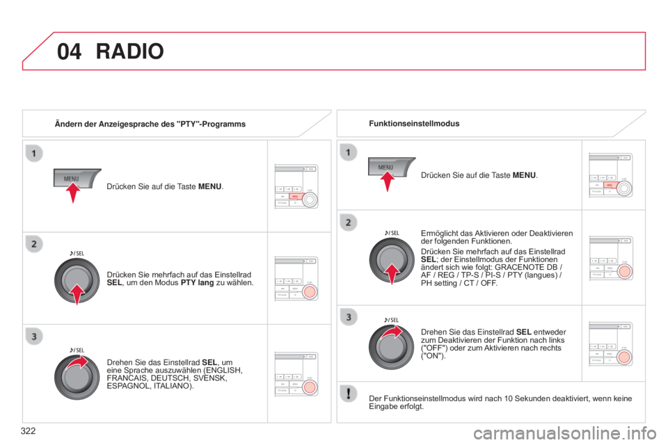 CITROEN C4 AIRCROSS 2016 Betriebsanleitungen (in German) 04
322
C4-Aircross_de_Chap10d_Mitsu4_ed01-2014
RADIO
Ändern der Anzeigesprache des "PTY"-ProgrammsFunktionseinstellmodus
Ermöglicht das Aktivieren oder Deaktivieren
der folgenden Funktionen CITROEN C4 AIRCROSS 2016 Betriebsanleitungen (in German) 04
322
C4-Aircross_de_Chap10d_Mitsu4_ed01-2014
RADIO
Ändern der Anzeigesprache des "PTY"-ProgrammsFunktionseinstellmodus
Ermöglicht das Aktivieren oder Deaktivieren
der folgenden Funktionen