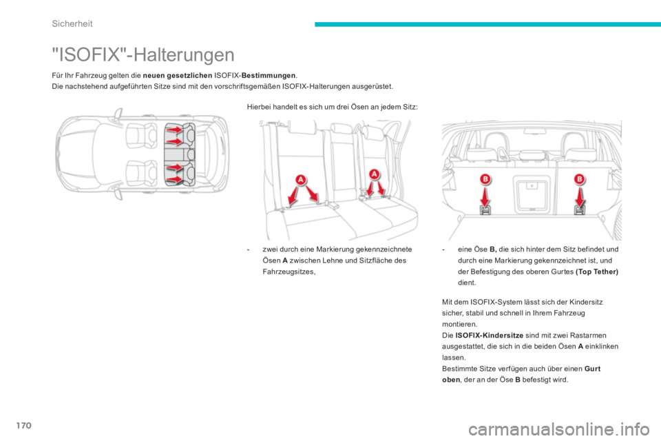 CITROEN C4 AIRCROSS 2014  Betriebsanleitungen (in German) 170
Sicherheit
   
 
 
 
 
 
 
 
 
 
 
 
 
 
 
 
 
 
 
 
"ISOFIX"-Halterungen 
 
Für Ihr Fahrzeug gelten die  neuen gesetzlichen 
 ISOFIX- Bestimmungen 
. 
  Die nachstehend aufgeführten Sitze sind 