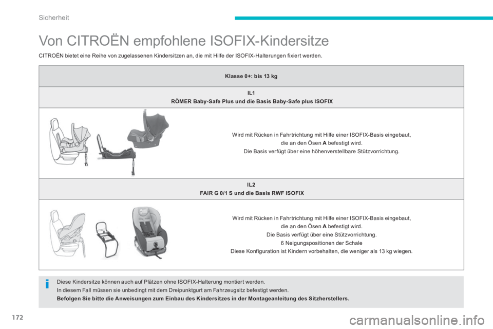 CITROEN C4 AIRCROSS 2014  Betriebsanleitungen (in German) 172
Sicherheit
   
 
 
 
 
 
 
 
 
 
 
 
 
 
 
 
 
Von CITROËN empfohlene ISOFIX-Kindersitze 
 
Diese Kindersitze können auch auf Plätzen ohne ISOFIX-Halterung montier t werden. 
  In diesem Fall m