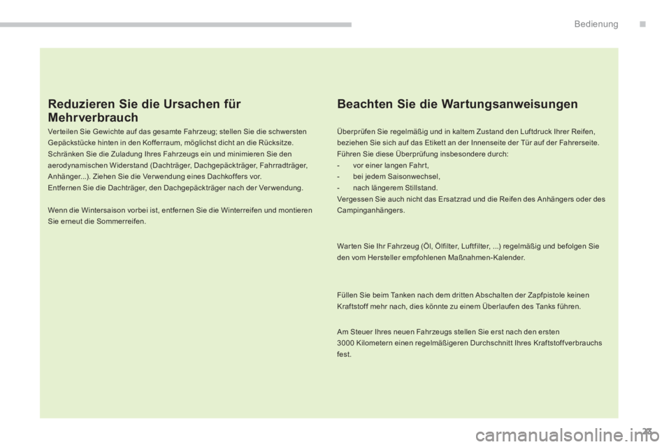 CITROEN C4 AIRCROSS 2014 Betriebsanleitungen (in German) 23
.Bedienung
Reduzieren Sie die Ursachen für
Mehrverbrauch
Ver teilen Sie Gewichte auf das gesamte Fahrzeug; stellen Sie die schwersten
Gepäckstücke hinten in den Kofferraum, möglichst CITROEN C4 AIRCROSS 2014 Betriebsanleitungen (in German) 23
.Bedienung
Reduzieren Sie die Ursachen für
Mehrverbrauch
Ver teilen Sie Gewichte auf das gesamte Fahrzeug; stellen Sie die schwersten
Gepäckstücke hinten in den Kofferraum, möglichst