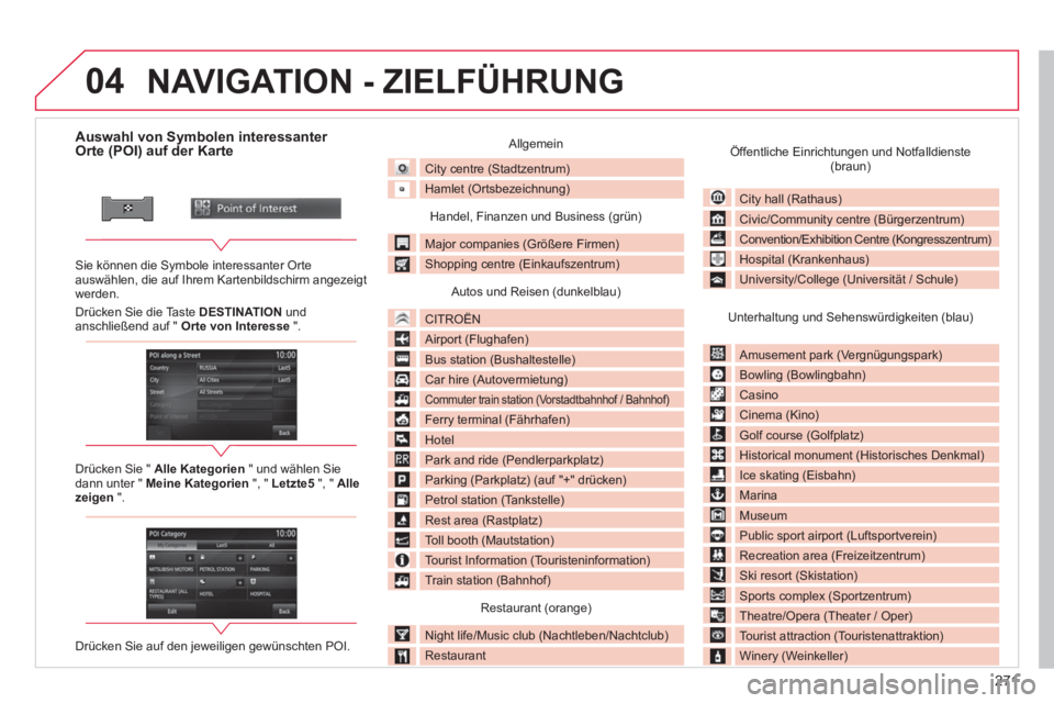 CITROEN C4 AIRCROSS 2014  Betriebsanleitungen (in German) 271
04
   
 
 
 
 
 
 
 
 
 
 
 
 
 
 
 
 
 
 
 
 
 
Auswahl von Symbolen interessanter 
Orte (POI) auf der Karte  
 
 
Sie können die Symbole interessanter Orte 
auswählen, die auf Ihrem Kartenbild