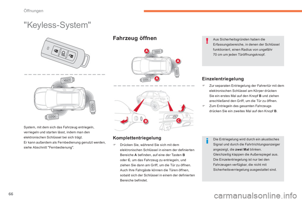 CITROEN C4 AIRCROSS 2014  Betriebsanleitungen (in German) 66
Öffnungen
   
 
 
 
 
 
 
 
 
 
 
 
 
 
 
 
 
 
 
 
 
 
 
"Keyless-System" 
 
 
Einzelentriegelung 
 
 
 
�) 
  Zur separaten Entriegelung der Fahrer tür mit dem 
elektronischen Schlüssel am Kö
