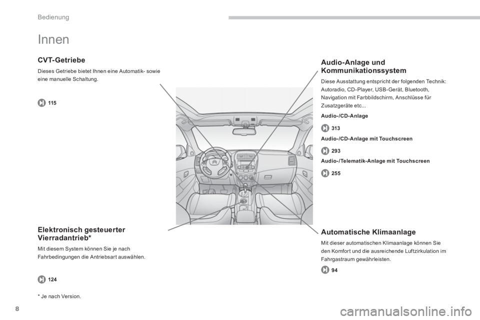 CITROEN C4 AIRCROSS 2014 Betriebsanleitungen (in German) 8
Bedienung
Innen
Elektronisch gesteuerter
Vierradantrieb *
Mit diesem System können Sie je nach
Fahrbedingungen die Antriebsar t auswählen.
CVT- Getriebe
Dieses Getriebe biet CITROEN C4 AIRCROSS 2014 Betriebsanleitungen (in German) 8
Bedienung
Innen
Elektronisch gesteuerter
Vierradantrieb *
Mit diesem System können Sie je nach
Fahrbedingungen die Antriebsar t auswählen.
CVT- Getriebe
Dieses Getriebe biet