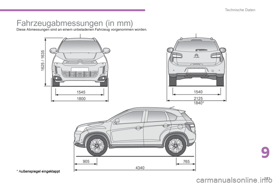 CITROEN C4 AIRCROSS 2013 Betriebsanleitungen (in German) 9
221
Technische Daten
Fahrzeugabmessungen (in mm)
Diese Abmessungen sind an einem unbeladenen Fahrzeug vorgenommen worden.
* A CITROEN C4 AIRCROSS 2013 Betriebsanleitungen (in German) 9
221
Technische Daten
Fahrzeugabmessungen (in mm)
Diese Abmessungen sind an einem unbeladenen Fahrzeug vorgenommen worden.
* A