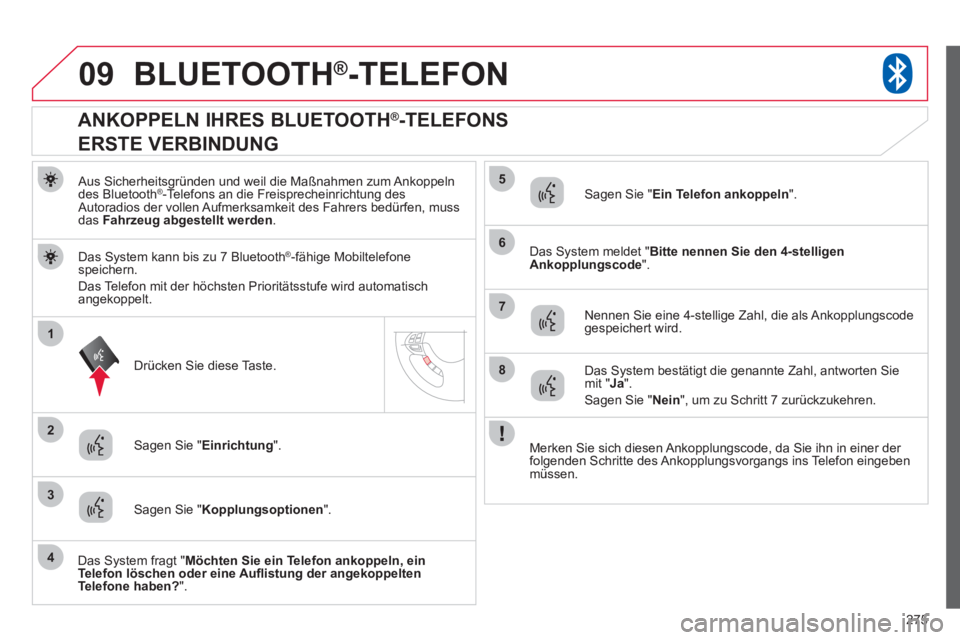 CITROEN C4 AIRCROSS 2013 Betriebsanleitungen (in German) 275
09
1
3
6
8
2
5
7
4
BLUETOOTH® -TELEFON®
Aus Sicherheitsgründen und weil die Maßnahmen zum Ankoppelndes Bluetooth®-Telefons an die Freisprecheinrichtung des ®
Autoradios der vollen Aufme CITROEN C4 AIRCROSS 2013 Betriebsanleitungen (in German) 275
09
1
3
6
8
2
5
7
4
BLUETOOTH® -TELEFON®
Aus Sicherheitsgründen und weil die Maßnahmen zum Ankoppelndes Bluetooth®-Telefons an die Freisprecheinrichtung des ®
Autoradios der vollen Aufme