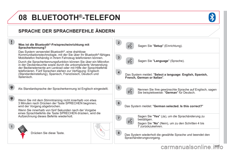 CITROEN C4 AIRCROSS 2013  Betriebsanleitungen (in German) 309
1
2
3
08
4
5
6
7
8
   
 
 
 
 
 
 
 
 
 
 
 
 
 
 
 
 
 
SPRACHE DER SPRACHBEFEHLE ÄNDERN 
BLUETOOTH® 
-TELEFON®
 
 
Als Standardsprache der Spracherkennung ist Englisch eingestellt.
Drücken 
