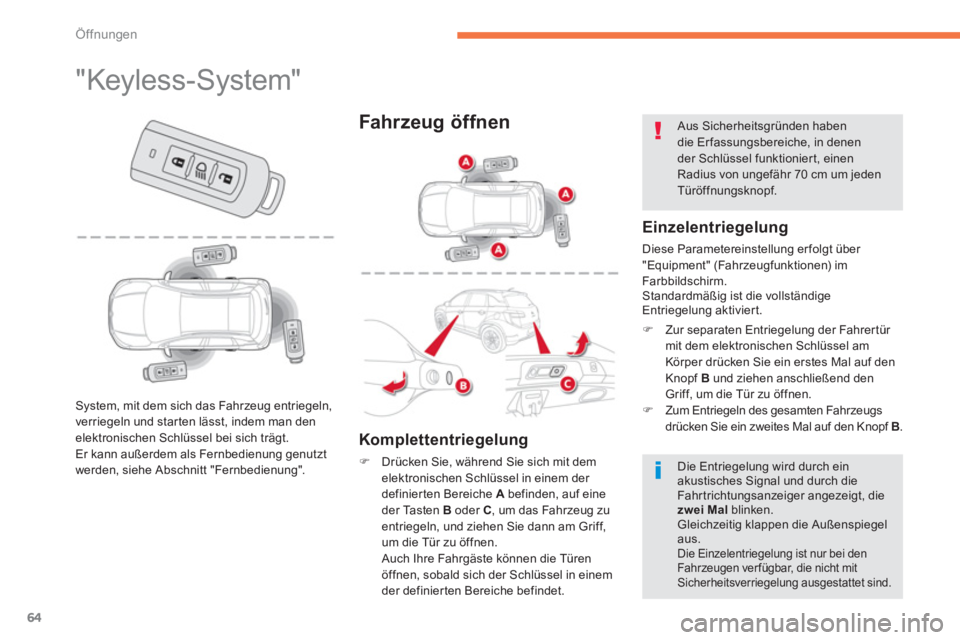 CITROEN C4 AIRCROSS 2013  Betriebsanleitungen (in German) 64
Öffnungen
   
 
 
 
 
 
 
 
 
 
 
 
 
 
 
 
 
 
 
 
 
 
 
"Keyless-System" 
 
 
Einzelentriegelung
 
Diese Parametereinstellung erfolgt über 
"Equipment" (Fahr zeugfunktionen) im
Farbbildschirm.
