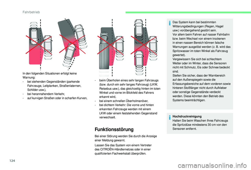 CITROEN C4 CACTUS 2019 Betriebsanleitungen (in German) 124
Lassen Sie das System von einem Vertreter
des CITROËN-Händlernetzes oder in einer
qualifizierten Fachwerkstatt überprüfen.
In den folgenden Situationen erfolgt keine
Warnung:
-
b
ei stehe CITROEN C4 CACTUS 2019 Betriebsanleitungen (in German) 124
Lassen Sie das System von einem Vertreter
des CITROËN-Händlernetzes oder in einer
qualifizierten Fachwerkstatt überprüfen.
In den folgenden Situationen erfolgt keine
Warnung:
-
b
ei stehe