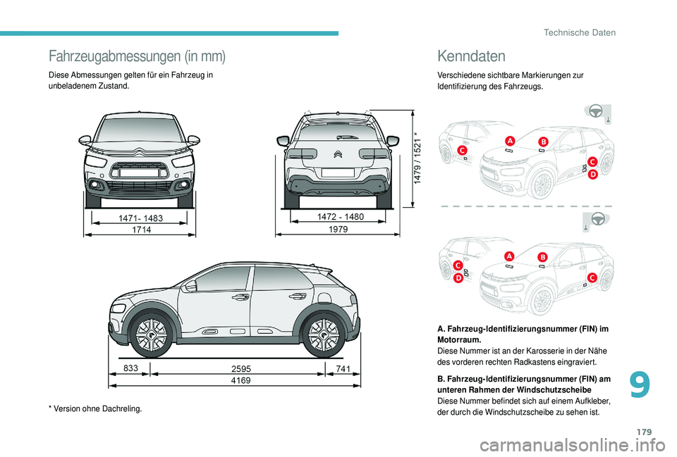 CITROEN C4 CACTUS 2019 Betriebsanleitungen (in German) 179
Kenndaten
Verschiedene sichtbare Markierungen zur
Identifizierung des Fahrzeugs.
A. Fahrzeug-Identifizierungsnummer (FIN) im
Motorraum.
Diese Nummer ist an der Karosserie in der Nähe
des vord CITROEN C4 CACTUS 2019 Betriebsanleitungen (in German) 179
Kenndaten
Verschiedene sichtbare Markierungen zur
Identifizierung des Fahrzeugs.
A. Fahrzeug-Identifizierungsnummer (FIN) im
Motorraum.
Diese Nummer ist an der Karosserie in der Nähe
des vord