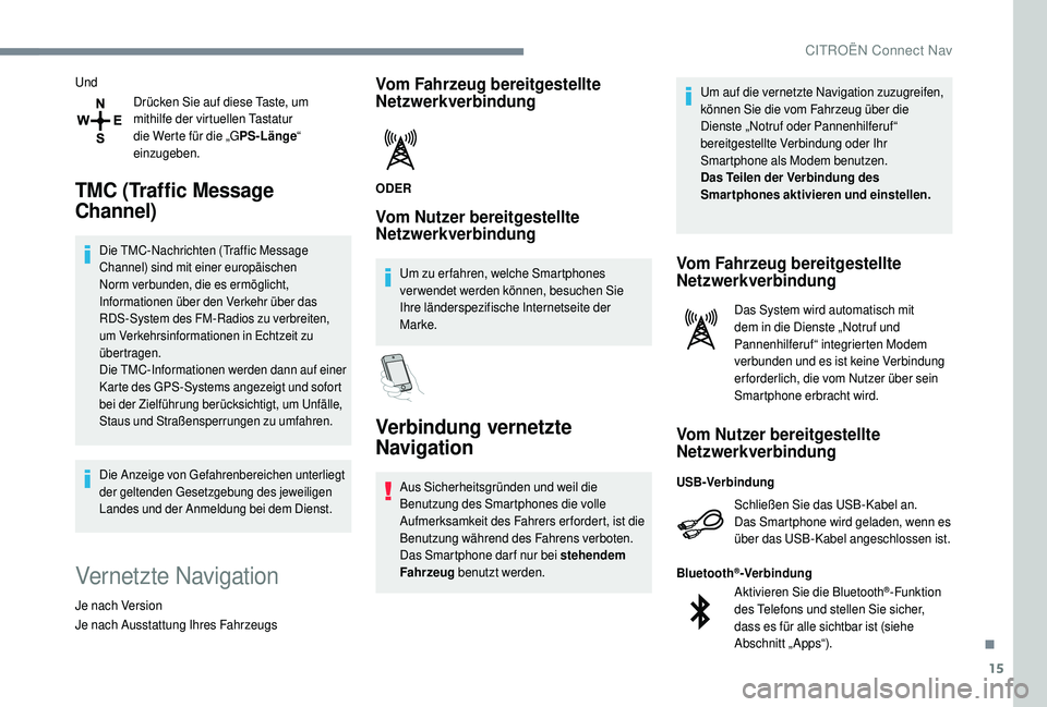 CITROEN C4 CACTUS 2019 Betriebsanleitungen (in German) 15
UndDrücken Sie auf diese Taste, um
mithilfe der virtuellen Tastatur
die Werte für die „G PS-Länge“
einzugeben.
TMC (Traffic Message
Channel)
Die TMC-Nachrichten (Traffic Message
Channel CITROEN C4 CACTUS 2019 Betriebsanleitungen (in German) 15
UndDrücken Sie auf diese Taste, um
mithilfe der virtuellen Tastatur
die Werte für die „G PS-Länge“
einzugeben.
TMC (Traffic Message
Channel)
Die TMC-Nachrichten (Traffic Message
Channel