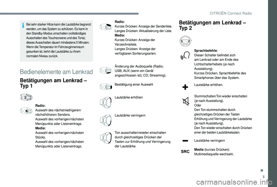 CITROEN C4 CACTUS 2019 Betriebsanleitungen (in German) 3
Bei sehr starker Hitze kann die Lautstärke begrenzt
werden, um das System zu schützen. Es kann in
den Standby-Modus umschalten (vollständiges
Ausschalten des Touchscreens und des Tons);
diese CITROEN C4 CACTUS 2019 Betriebsanleitungen (in German) 3
Bei sehr starker Hitze kann die Lautstärke begrenzt
werden, um das System zu schützen. Es kann in
den Standby-Modus umschalten (vollständiges
Ausschalten des Touchscreens und des Tons);
diese