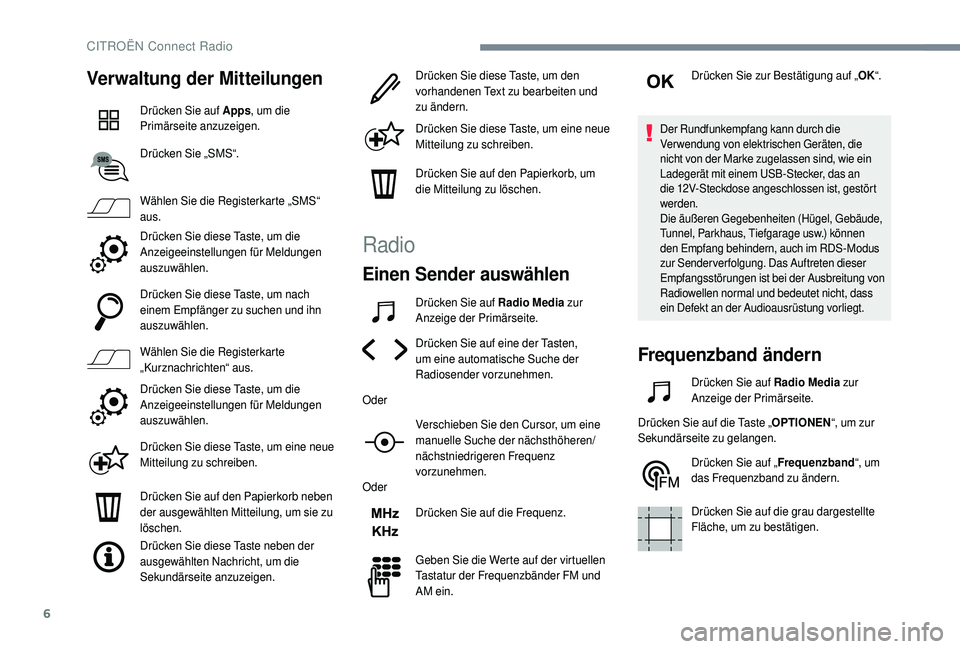 CITROEN C4 CACTUS 2019 Betriebsanleitungen (in German) 6
Verwaltung der Mitteilungen
Drücken Sie auf Apps, um die
Primärseite anzuzeigen.
Drücken Sie „SMS“.
Wählen Sie die Registerkarte „SMS“
aus.
Drücken Sie diese Taste, um die
Anzeigeein CITROEN C4 CACTUS 2019 Betriebsanleitungen (in German) 6
Verwaltung der Mitteilungen
Drücken Sie auf Apps, um die
Primärseite anzuzeigen.
Drücken Sie „SMS“.
Wählen Sie die Registerkarte „SMS“
aus.
Drücken Sie diese Taste, um die
Anzeigeein