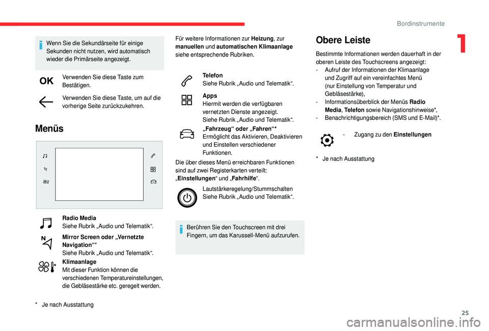 CITROEN C4 CACTUS 2019  Betriebsanleitungen (in German) 25
Radio Media
Siehe Rubrik „ Audio und Telematik“.
Mirror Screen oder „Vernetzte 
Navigation“*
Siehe Rubrik „ Audio und Telematik“.
Klimaanlage
Mit dieser Funktion können die 
verschiede