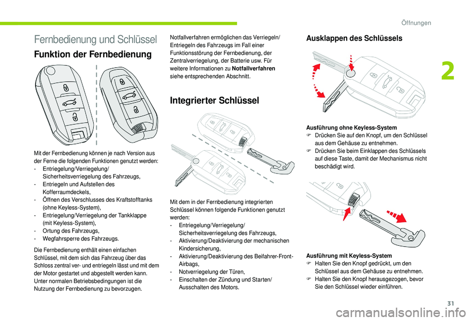 CITROEN C4 CACTUS 2019 Betriebsanleitungen (in German) 31
Fernbedienung und Schlüssel
Mit der Fernbedienung können je nach Version aus
der Ferne die folgenden Funktionen genutzt werden:
- Entriegelung/Verriegelung/Sicherheitsverriegelung des Fahrzeugs, CITROEN C4 CACTUS 2019 Betriebsanleitungen (in German) 31
Fernbedienung und Schlüssel
Mit der Fernbedienung können je nach Version aus
der Ferne die folgenden Funktionen genutzt werden:
- Entriegelung/Verriegelung/Sicherheitsverriegelung des Fahrzeugs,