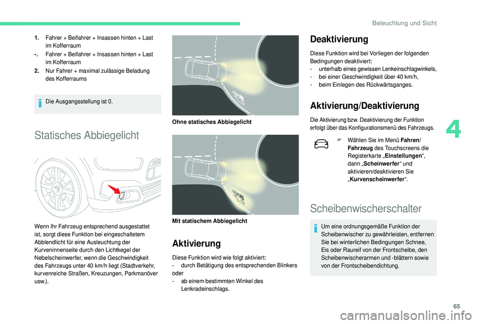 CITROEN C4 CACTUS 2019  Betriebsanleitungen (in German) 65
1.Fahrer + Beifahrer + Insassen hinten + Last 
im Kofferraum
-. Fahrer + Beifahrer + Insassen hinten + Last 
im Kofferraum
2. Nur Fahrer + maximal zulässige Beladung 
des Kofferraums
Die Ausgangss