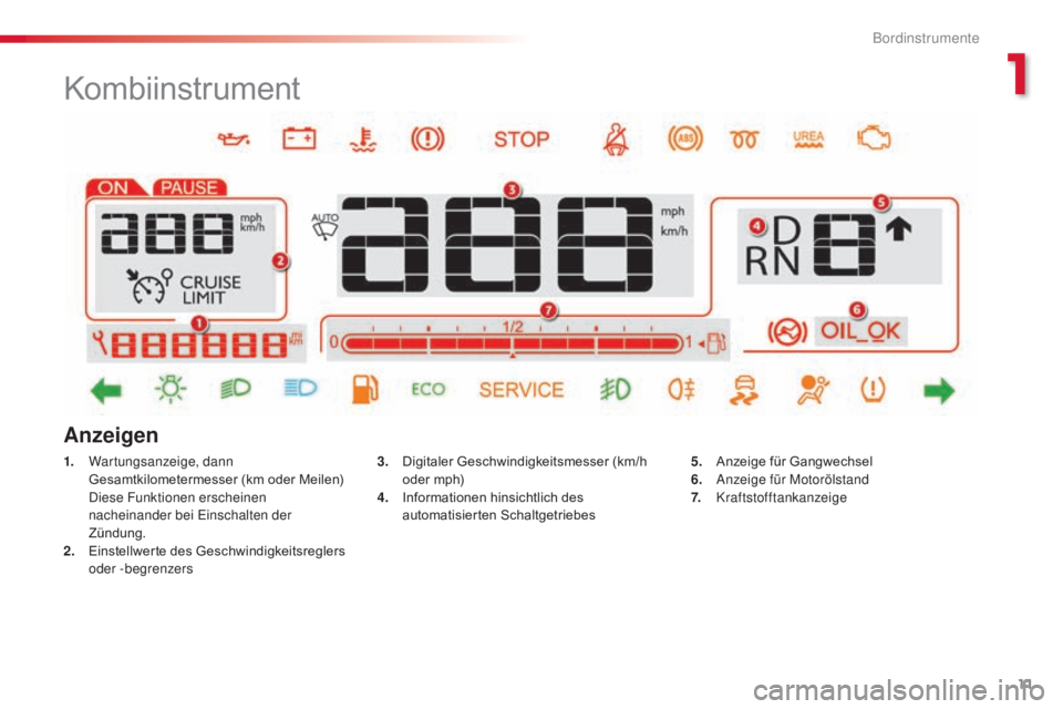CITROEN C4 CACTUS 2018 Betriebsanleitungen (in German) 11
C4-cactus_de_Chap01_Instruments-de-bord_ed01-2016
Kombiinstrument
1. Wartungsanzeige, dann
Gesamtkilometermesser (km oder Meilen)
Die
se Funktionen erscheinen
nacheinander bei Einschalten der
CITROEN C4 CACTUS 2018 Betriebsanleitungen (in German) 11
C4-cactus_de_Chap01_Instruments-de-bord_ed01-2016
Kombiinstrument
1. Wartungsanzeige, dann
Gesamtkilometermesser (km oder Meilen)
Die
se Funktionen erscheinen
nacheinander bei Einschalten der