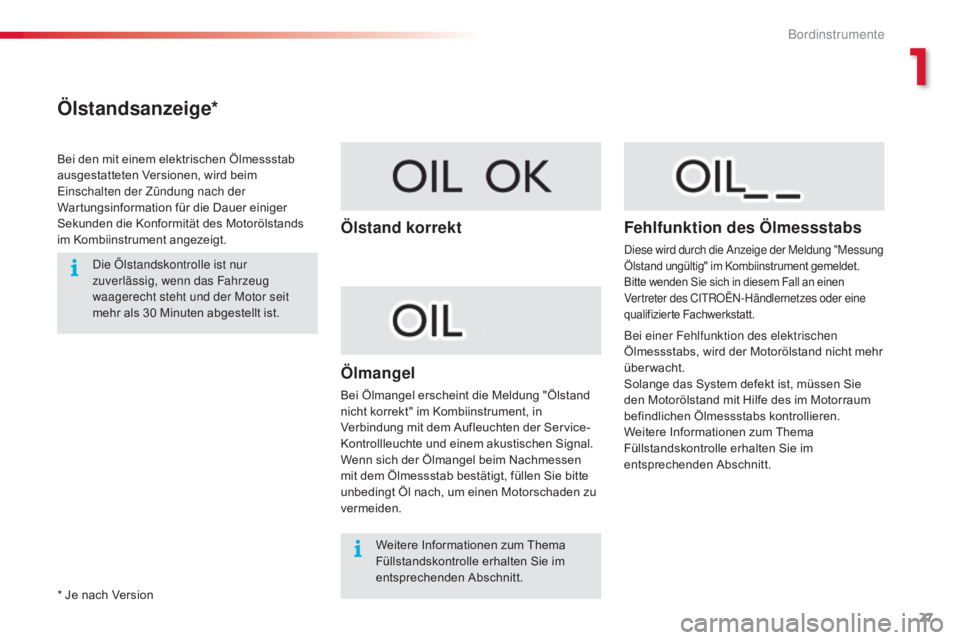 CITROEN C4 CACTUS 2018  Betriebsanleitungen (in German) 27
C4-cactus_de_Chap01_Instruments-de-bord_ed01-2016
Ölstandsanzeige*
Bei den mit einem elektrischen Ölmessstab 
ausgestatteten Versionen, wird beim 
Einschalten der Zündung nach der 
Wartungsinfor