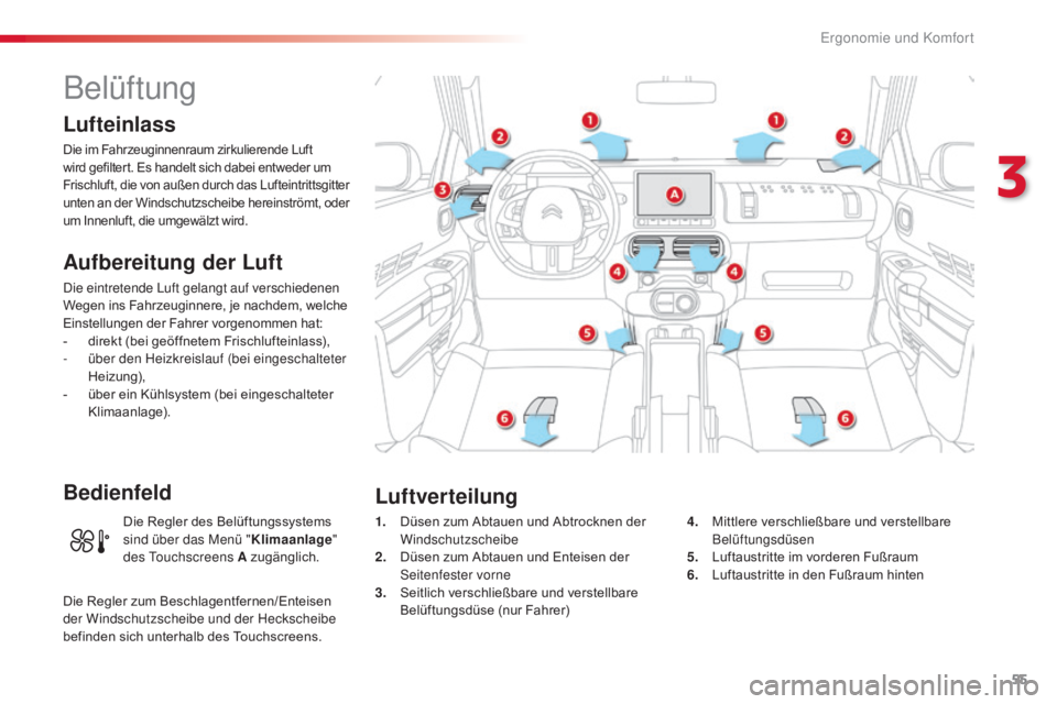 CITROEN C4 CACTUS 2018 Betriebsanleitungen (in German) 55
C4-cactus_de_Chap03_Ergonomie-et-confort_ed01-2016
Belüftung
Lufteinlass
Die im Fahrzeuginnenraum zirkulierende Luft
wird gefiltert. Es handelt sich dabei entweder um
Frischluft, die von außen CITROEN C4 CACTUS 2018 Betriebsanleitungen (in German) 55
C4-cactus_de_Chap03_Ergonomie-et-confort_ed01-2016
Belüftung
Lufteinlass
Die im Fahrzeuginnenraum zirkulierende Luft
wird gefiltert. Es handelt sich dabei entweder um
Frischluft, die von außen