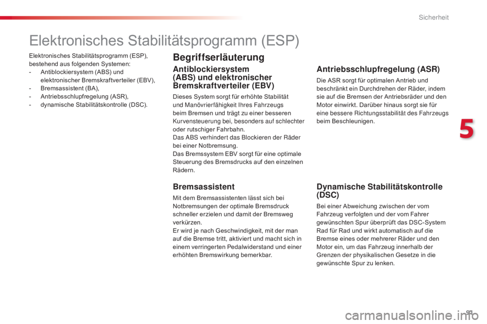 CITROEN C4 CACTUS 2018  Betriebsanleitungen (in German) 91
C4-cactus_de_Chap05_securite_ed01-2016
Elektronisches Stabilitätsprogramm (ESP), 
bestehend aus folgenden Systemen:
-
 Ant
iblockiersystem (ABS) und 
elektronischer Bremskraftverteiler (EBV),
-
 B