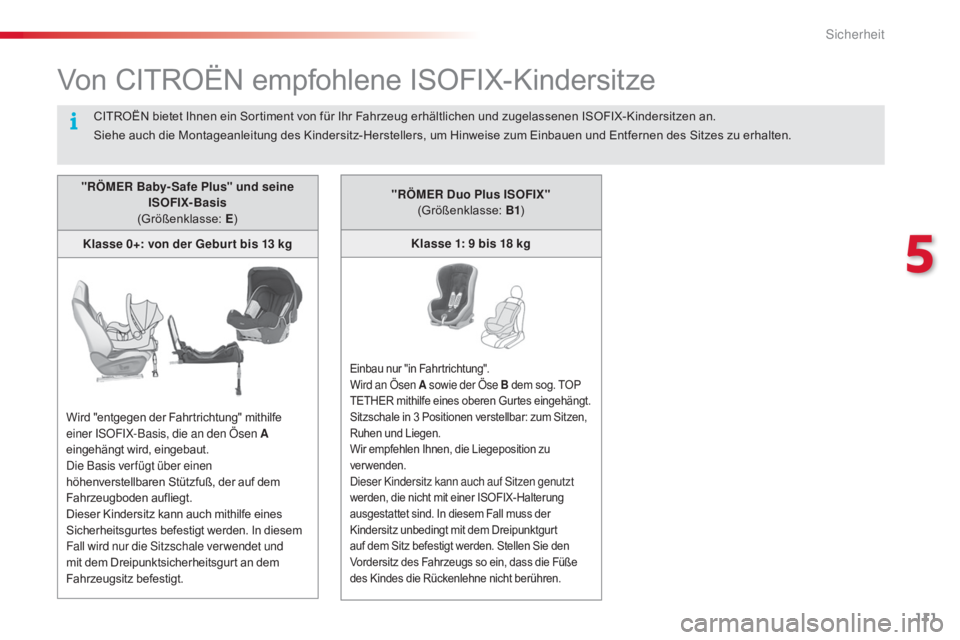 CITROEN C4 CACTUS 2016  Betriebsanleitungen (in German) 111
C4-cactus_de_Chap05_securite_ed01-2015
Von CITROËN empfohlene ISOFIX-Kindersitze
"RÖMER Baby- Safe Plus" und seine ISOFIX-Basis  
(Größenklasse:  E)
Klasse 0+: von der Gebur t bis 13 k