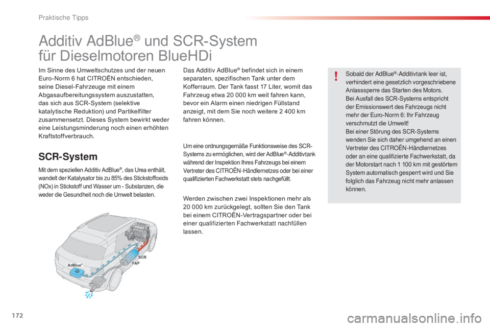 CITROEN C4 CACTUS 2016 Betriebsanleitungen (in German) 172
C4-cactus_de_Chap07_info-pratiques_ed01-2015
Additiv AdBlue® und SCR-System
für Dieselmotoren BlueHDi
Im Sinne des Umweltschutzes und der neuen
Euro-Norm 6 hat CITROËN entschieden,
seine Dies CITROEN C4 CACTUS 2016 Betriebsanleitungen (in German) 172
C4-cactus_de_Chap07_info-pratiques_ed01-2015
Additiv AdBlue® und SCR-System
für Dieselmotoren BlueHDi
Im Sinne des Umweltschutzes und der neuen
Euro-Norm 6 hat CITROËN entschieden,
seine Dies