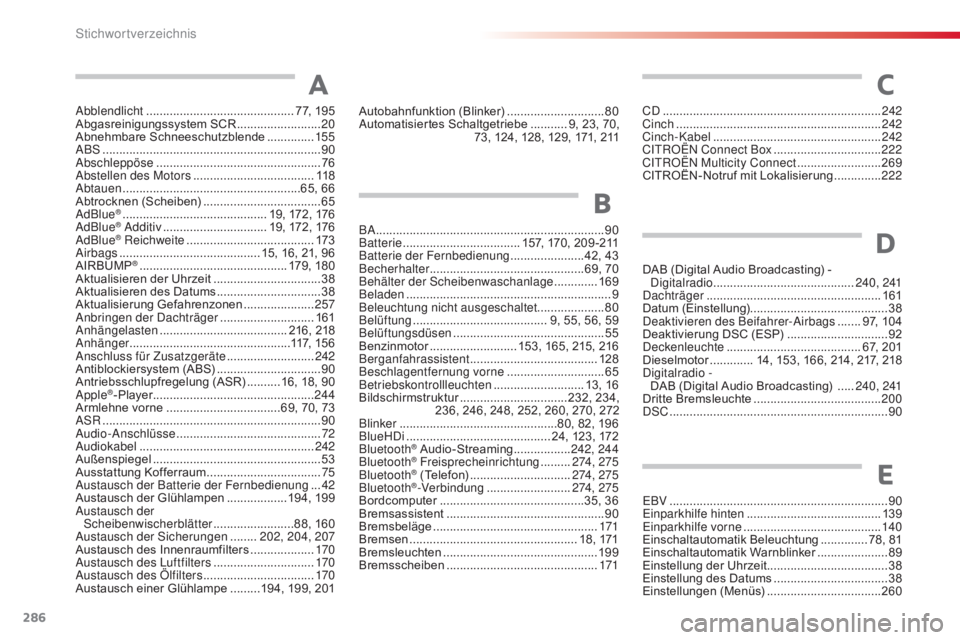 CITROEN C4 CACTUS 2016 Betriebsanleitungen (in German) 286
C4-cactus_de_Chap11_index-alpha_ed01-2015
Abblendlicht ............................................ 77, 195
Abgasreinigungssystem SCR ......................... 20
A
bnehmbare Schneeschutzblende
. CITROEN C4 CACTUS 2016 Betriebsanleitungen (in German) 286
C4-cactus_de_Chap11_index-alpha_ed01-2015
Abblendlicht ............................................ 77, 195
Abgasreinigungssystem SCR ......................... 20
A
bnehmbare Schneeschutzblende
.