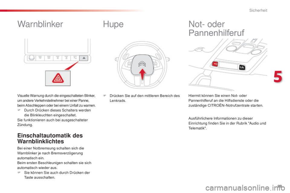 CITROEN C4 CACTUS 2016 Betriebsanleitungen (in German) 89
C4-cactus_de_Chap05_securite_ed01-2015
Warnblinker
Visuelle Warnung durch die eingeschalteten Blinker,
um andere Verkehrsteilnehmer bei einer Panne,
beim Abschleppen oder bei einem Unfall zu warn CITROEN C4 CACTUS 2016 Betriebsanleitungen (in German) 89
C4-cactus_de_Chap05_securite_ed01-2015
Warnblinker
Visuelle Warnung durch die eingeschalteten Blinker,
um andere Verkehrsteilnehmer bei einer Panne,
beim Abschleppen oder bei einem Unfall zu warn