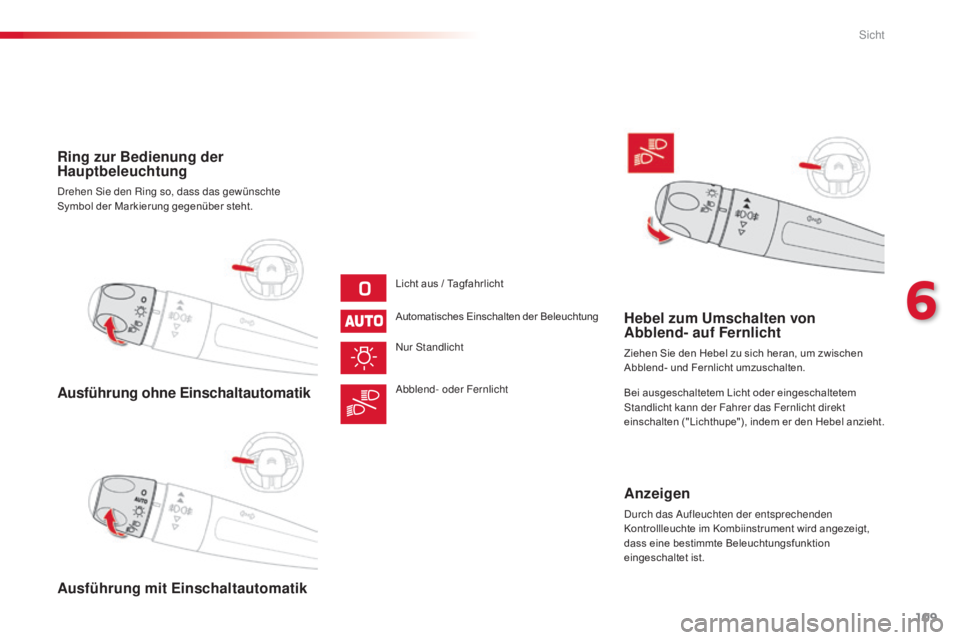 CITROEN C4 CACTUS 2015 Betriebsanleitungen (in German) 109
C4-cactus_de_Chap06_visibilite_ed02-2014
Ausführung ohne Einschaltautomatik
Ausführung mit Einschaltautomatik Ring zur Bedienung der
Hauptbeleuchtung
drehen sie den Ring so, dass das gewünscht CITROEN C4 CACTUS 2015 Betriebsanleitungen (in German) 109
C4-cactus_de_Chap06_visibilite_ed02-2014
Ausführung ohne Einschaltautomatik
Ausführung mit Einschaltautomatik Ring zur Bedienung der
Hauptbeleuchtung
drehen sie den Ring so, dass das gewünscht