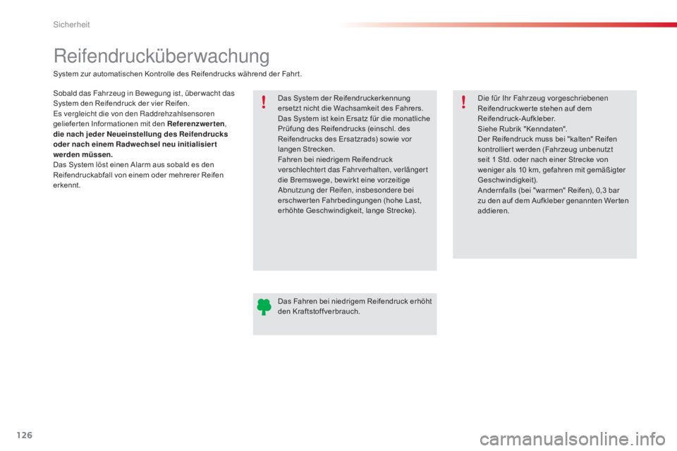 CITROEN C4 CACTUS 2015  Betriebsanleitungen (in German) 126
C4-cactus_de_Chap07_securite_ed02-2014
Reifendrucküberwachung
sobald das Fahrzeug in Bewegung ist, über wacht das 
System den Reifendruck der vier Reifen.
es
 vergleicht die von den Raddrehzahls